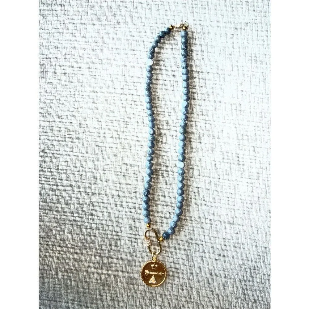 Gold Coin Pendant Necklace with Gray Beads